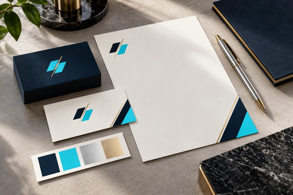 Illustrative brand identity stationery with business cards, letterhead and colour swatches