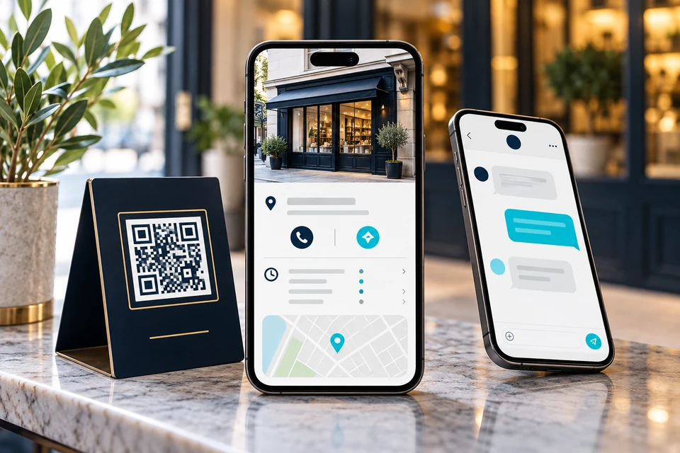 Illustrative business profile, map, enquiry chat and QR contact stand