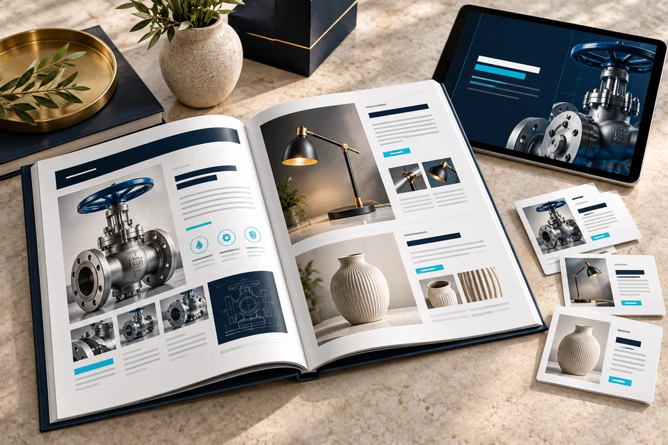 Illustrative open product catalogue, PDF preview and product information cards