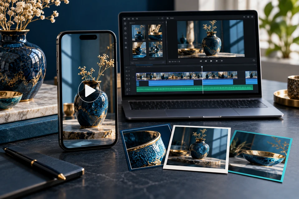 Illustrative vertical reel, social post cards and video editing timeline