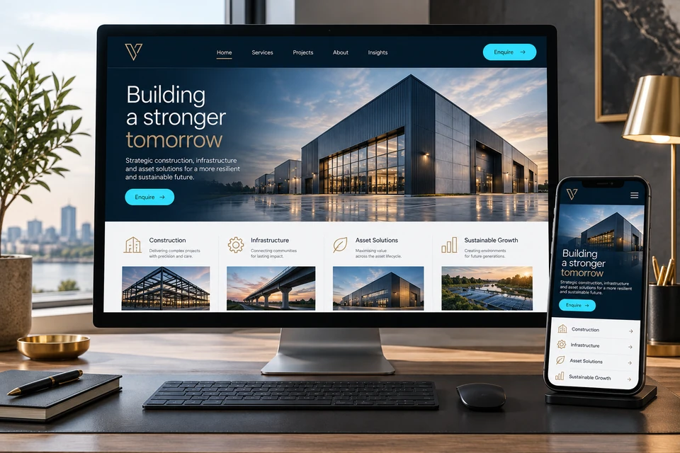 Illustrative responsive business website on a desktop monitor and mobile phone