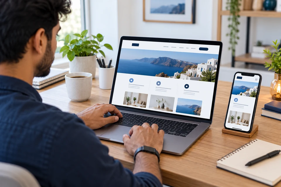 Business website design displayed on desktop and laptop screens