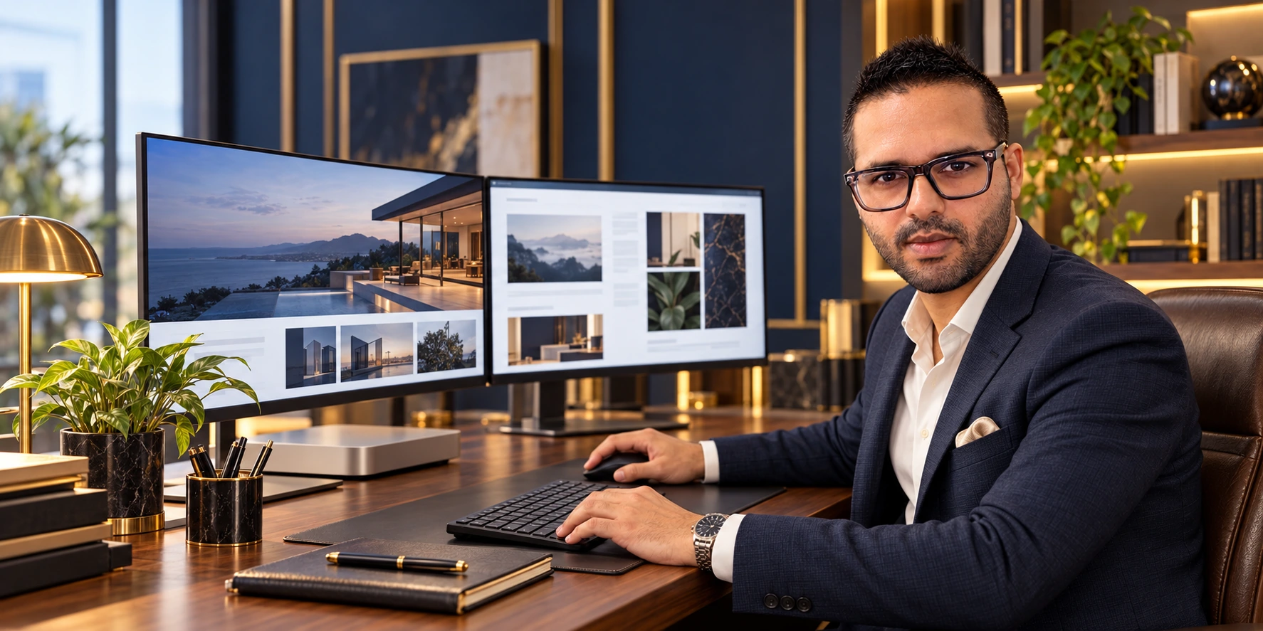 VynForge founder at a premium dual-screen creative workstation