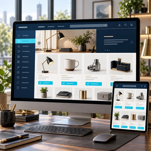 Illustrative catalogue website with product grid on desktop and tablet